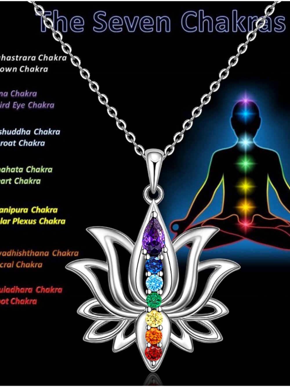 Sterling Silver Lotus Chakra Necklace 7 Chakra Pendant Yoga Jewelry - Picture 6 of 6